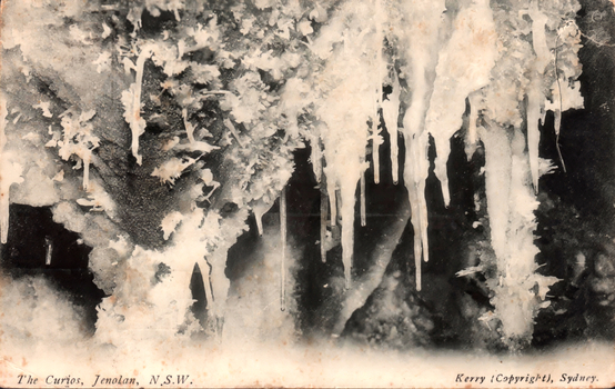 This black-and-white card shows stalactites and other formations inside a cave; on the card is printed “The Curios, Jenolan, N.S.W.” and “Kerry (Copyright), Sydney.”