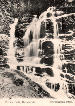 This black-and-white card shows the Three Sisters rock formation framed by a tree and cliffs; on the card is printed “Three Sisters, Katoomba.” and “Kerry (Copyright) Sydney.”