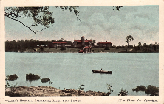 This coloured card shows a hospital complex beside a broad river with a person rowing a boat; on the card is printed “WALKER’S HOSPITAL, PARRAMATTA RIVER, NEAR SYDNEY.” and “[Star Photo. Co., Copyright.”