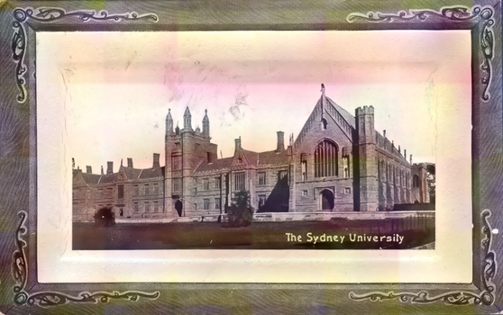 This coloured card shows a university building; on the card is printed “The Sydney University”.
