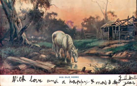 This coloured card shows a horse drinking from a stream near a rustic hut; on the card is printed “HIS OLD HOME”. The handwriting reads: “With love and a happy Xmas & New Year.” The underlined signature appears to be “F. J. Hull”