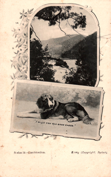 This black-and-white card shows a river landscape above a portrait of a dog: On the card is printed “SNOWY RIVER. ‘I WISH YOU ALL GOOD CHEER.’ Series 28—Combination. Kerry (Copyright) Sydney.”