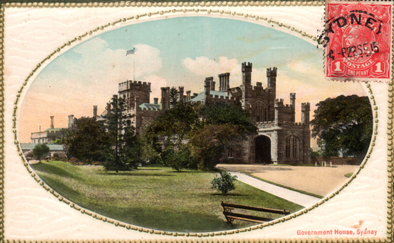 This coloured card shows Government House and its gardens; on the card is printed “Government House, Sydney”.