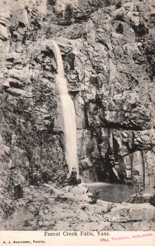 This black-and-white card shows a waterfall descending into a rocky pool; on the card is printed “Forest Creek Falls, Yass.”, “A. J. SHEARSBY, PHOTO.” and “WILL THOMSON, PUBLISHER.”
