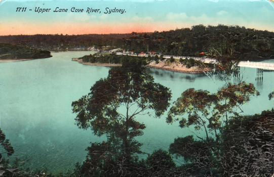 This coloured card shows a broad river bordered by wooded banks with a bridge in the distance: On the card is printed “1711 ~ Upper Lane Cove River, Sydney.”