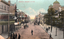 This coloured card shows a broad city street lined with buildings, pedestrians and horse-drawn vehicles: On the card is printed “Hunter St., Newcastle, N. S. W.”