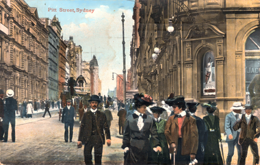 This coloured card shows a crowded city street lined with commercial buildings, pedestrians and a horse-drawn vehicle: On the card is printed “Pitt Street, Sydney”.