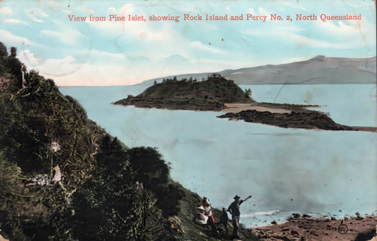 1405.240 This coloured card shows a coastal view with rocky islands and people on the shoreline: On the card is printed “View from Pine Islet, showing Rock Island and Percy No. 2, North Queensland 457”.