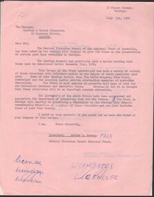 Document - National Trust Collection:  correspondence between the National Trust (Bendigo) and four separate parties regarding the preservation of significant cast-iron verandahs within the city, 1 - 22 July 1968