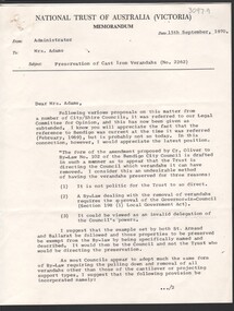 Document - National Trust Collection:  National Trust (Victoria) to Mrs. Adams (Bendigo Branch) re Preservation of Cast iron Verandahs (No. 2262), 15 September 1970