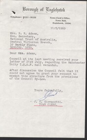 Document - National Trust Collection:  retention of M.U.I.O.O.F. Hall verandah, 11/08/1969 to 21/09/1971
