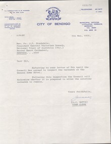 Document - National Trust Collection:  retention of verandah to Queens Arms Hotel, 5 May & 3 July 1972