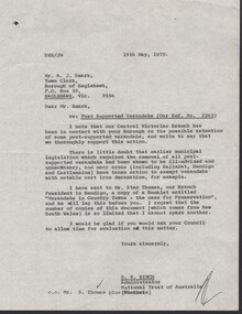 Container - National Trust Collection:  series of correspondence between the National Trust and the Borough of Eaglehawk concerning removal of post cast iron verandahs in Eaglehawk, 19/05/1975 to 04/02/1976