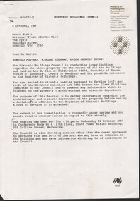 Document - National Trust Collection: Bendigo Pottery (Epsom) Pty Ltd - two documents referencing the classification of the Bendigo Pottery and inclusion on the Register of Historic Buildings, 10/1987