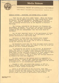 Document - National Trust Collection: Media Release (on yellow paper) from the Melbourne office of the National Trust, 07/1987
