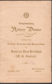 Booklet - William 'Bill' Theodore - Agenda for Rotary Dinner 12 May 1927, 1927