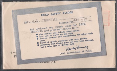 Ephemera - William 'Bill' Theodore - Road Safety Pledge, 15/12/1954
