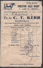Ephemera - William 'Bill' Theodore - two PAID invoices directed to Mrs. Theodore, from Preston Vale Dairy 1954, 11/11 & 15/12/1954
