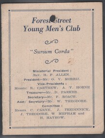 Ephemera - William 'Bill' Theodore - syllabus for Forest Street Young Men's Club for July 1935 to June 1936, June 1935