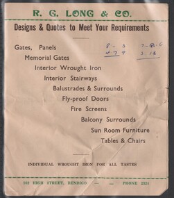 Flyer - William 'Bill' Theodore - Flyer for R.G. Long & Co. makers of a range of wrought iron goods, k
