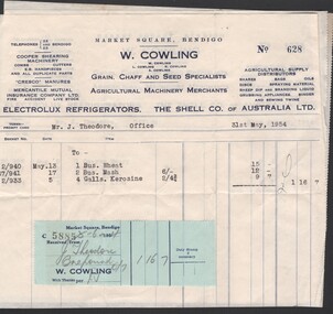 Document - William 'Bill' Theodore - three invoices from W. Cowling for grain, seeds & kerosene, in 1954, May - Oct 1954
