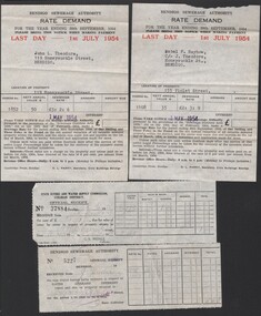 Document - William 'Bill' Theodore - invoice and payment records from Bendigo Sewerage Authority for two properties, 1954