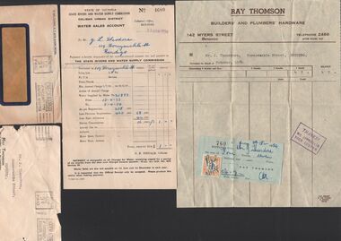 Document - William 'Bill' Theodore - invoices and receipts for services from Ray Thomas Plumber and State Rivers and Water Supply Commission 1954, 1954
