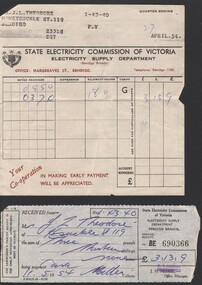 Document - William 'Bill' Theodore - invoice and receipt from the State Electricity Commission of Victoria, April 1954; with receipt for £3/13/9, paid 11/5/1954, 1954