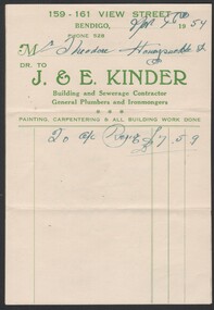 Document - William 'Bill' Theodore - invoices and receipts for plumbing works at Honeysuckle Street, Bendigo for Mr. Theodore, 1954