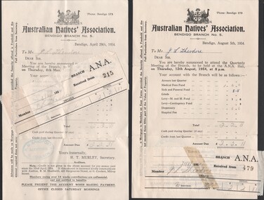 Document - William 'Bill' Theodore - invoices and receipts from Australian Natives Association, 1954