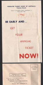 Document - William 'Bill' Theodore - flyer and envelope from Federated Clerks Union of Australia, 1954