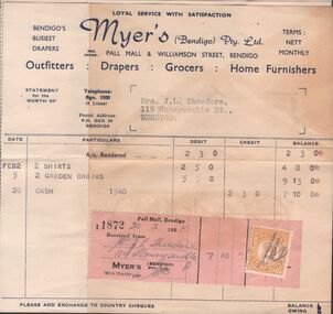 Document - William 'Bill' Theodore - six accounts and receipts for purchases, by Mrs. J.L. Theodore, from Myer's (Bendigo Pty. Ltd.) in 1954, 1954