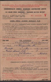 Document - William 'Bill' Theodore - school student accident insurance for John Anthony Theodore 1954, 1954