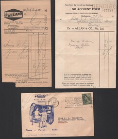Document - William 'Bill' Theodore - account, receipt and envelope from Allan & Co Pty. Ltd. for purchase of two songs and postage by Mrs. J. L. Theodore May 1954, 1954