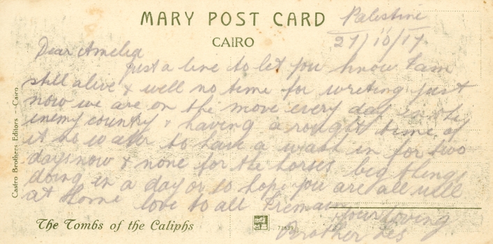 Black and White "Mary Post Card Cairo" of the Tombs of the Caliphs rear View