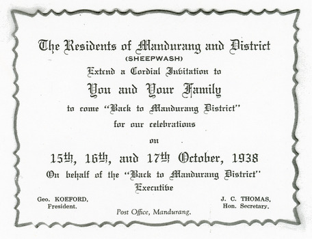 Photocopy of a Back to Manudurang invitation Oct 1938
