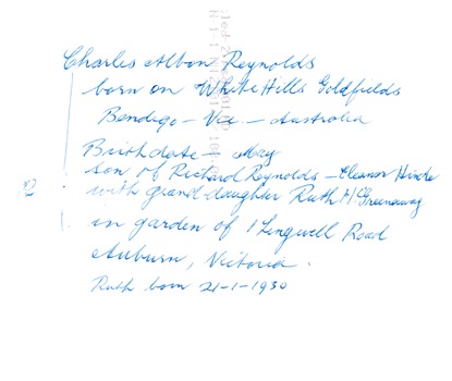 Rear of Photo of Charles Albon Reynolds and his Grand-daughter Ruth Greenaway