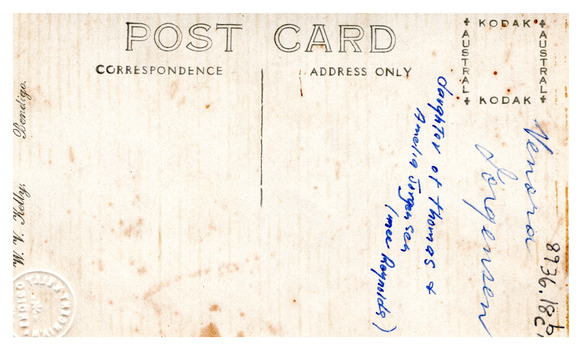 Rear of postcard Leonard Smith and Venora Jorgensen