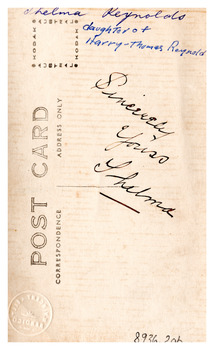 Thelma Hinde Reynolds rear of black and white postcard