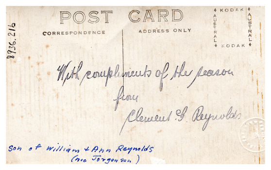 Rear of postcard of Clement Gladstone Reynolds
