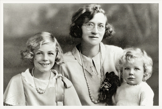 Black and white photo of Louisa Tobias Reynolds with daughters Joan and Lois Tobias