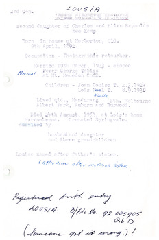 Typed sheet with notes on Louisa Catherine Reynolds familt history