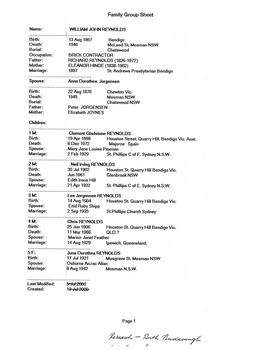 Family Group Sheet of William John Reynolds and descedants