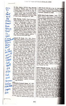 Page 852 from "Who's Who In Australia 1994" Brigadier Leslie Dudley King
