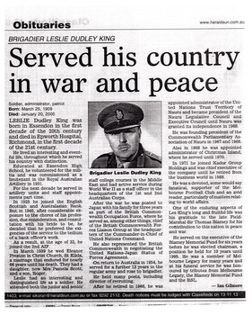 Obituary Newspaper Article on Brigadier Leslie Dudley King