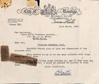 Ephemera - White Hills Swimming Pool - Letter from 'City of Bendigo' forwarding sketch of White Hills pool, 1958
