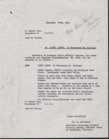 Administrative record - National Trust Collection: Leigh Lodge, 12 Bannerman Street (formerly Selb Villa), 1973