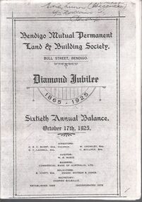 Booklet - Bendigo Mutual Permanent Land and Building Society.  Diamond Jubilee booklet