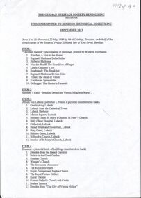 Document - List of items presented to Bendigo Historical Society by the German Heritage Society.  2013