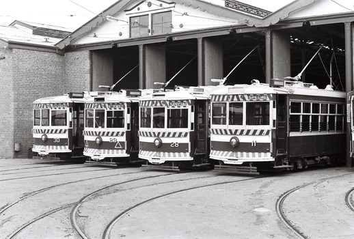 11147.2a No 30, 29, 28 and 11 Birney Cars lined up at the Depot